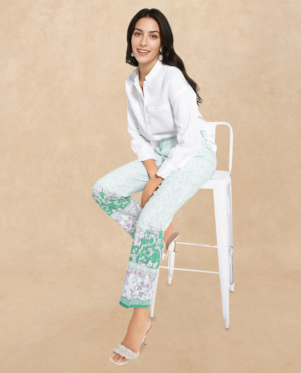 Rareism Women's Sepio-B Light Green Viscose Abstract Print Ankle Length Straight Fit Trouser