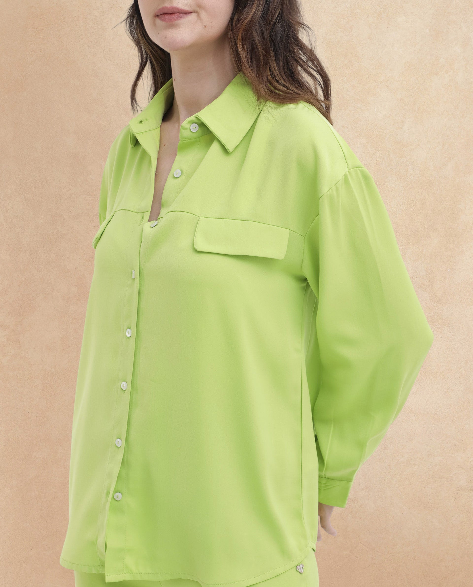 Rareism Women's Sergey-T Green Polyester Drop Collar Plain Cuffed Sleeve Regular Fit Top