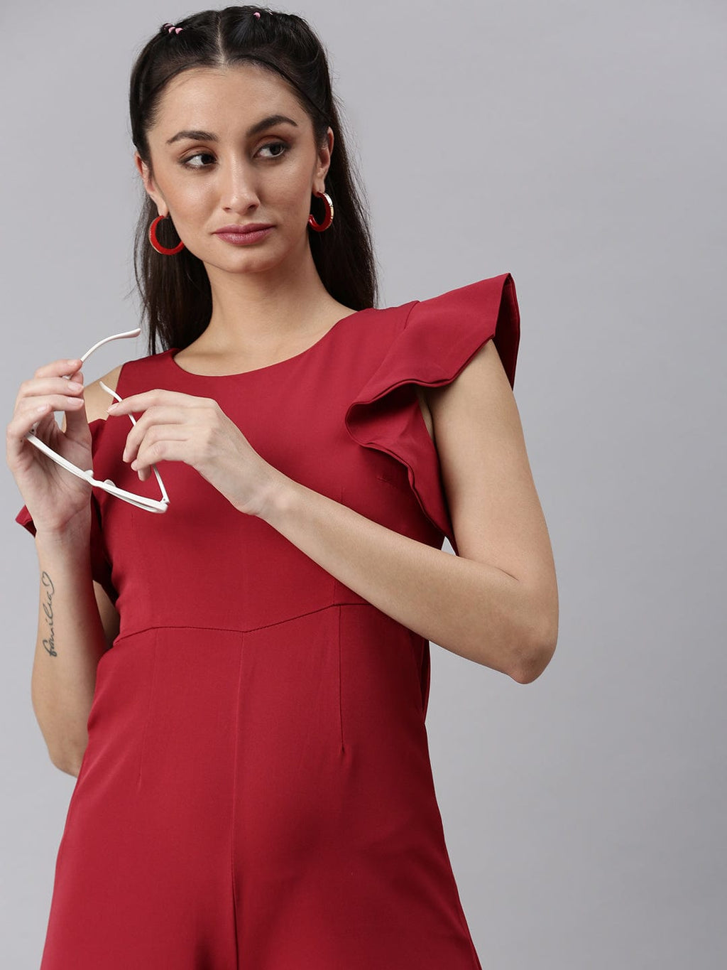 Women's Red Round Neck Solid Basic Jumpsuit