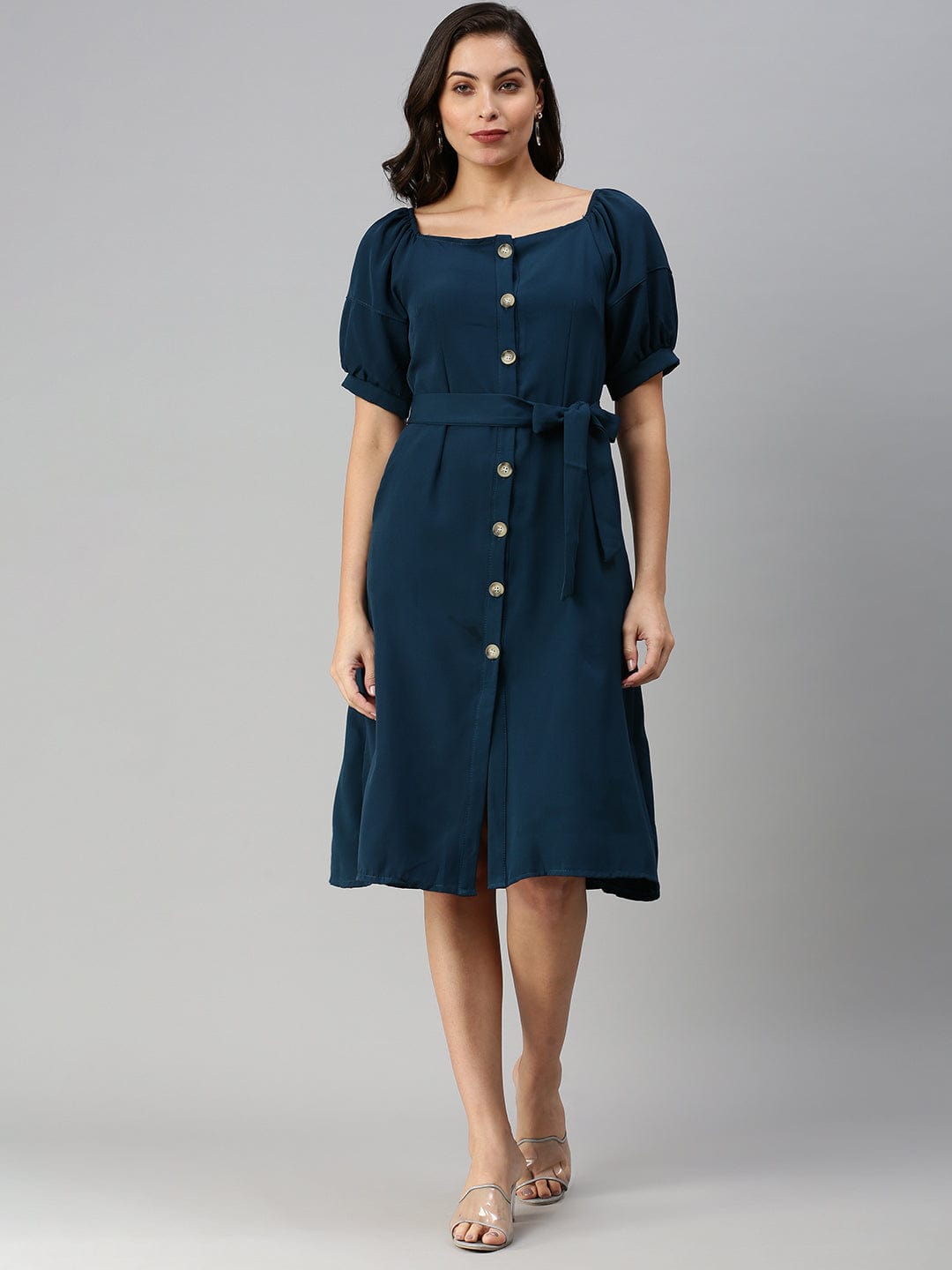 Women's Off-Shoulder Solid A-Line Teal Dress