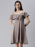Women's Shoulder Straps Solid Fit and Flare Taupe Dress