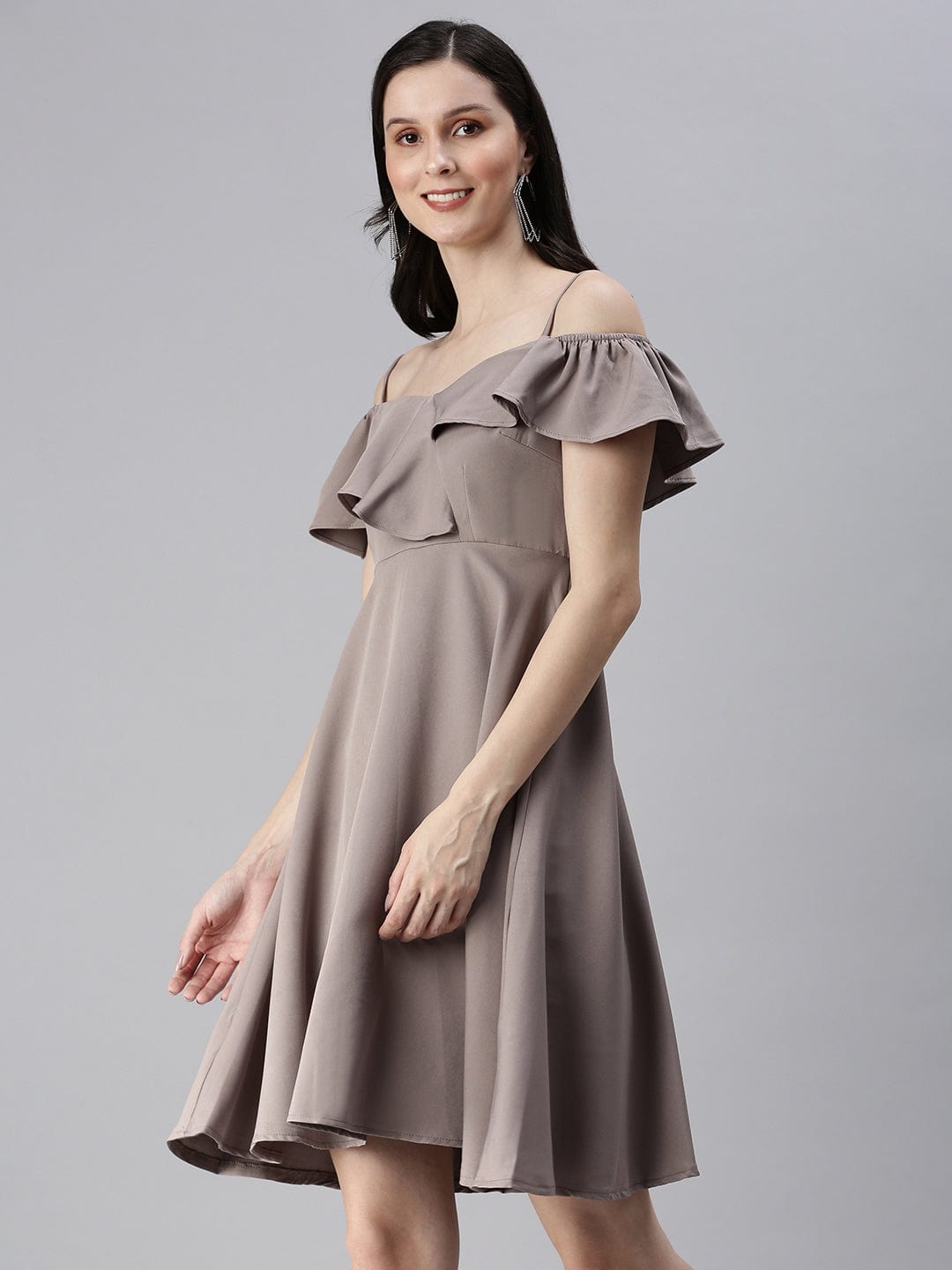 Women's Shoulder Straps Solid Fit and Flare Taupe Dress