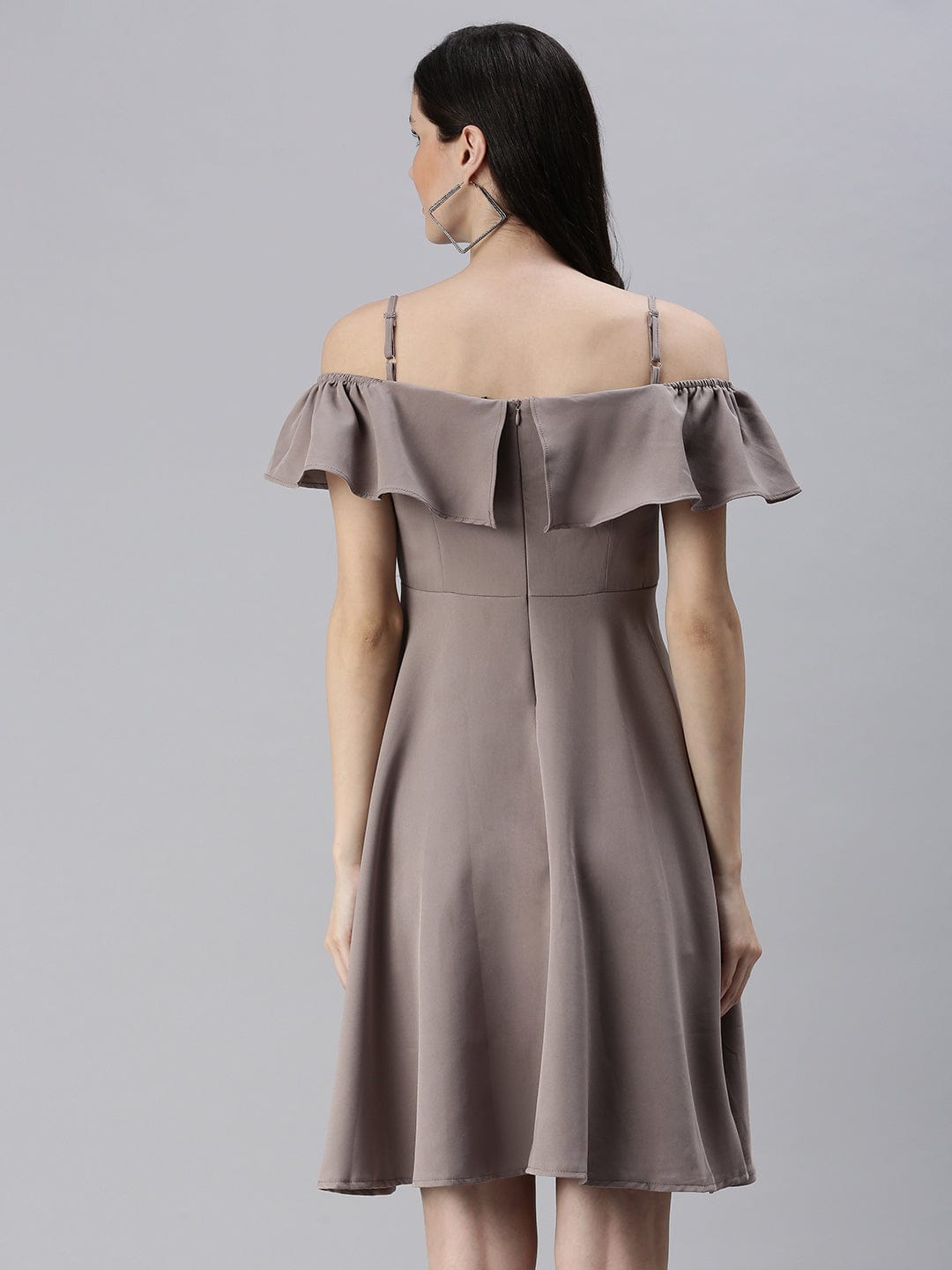 Women's Shoulder Straps Solid Fit and Flare Taupe Dress