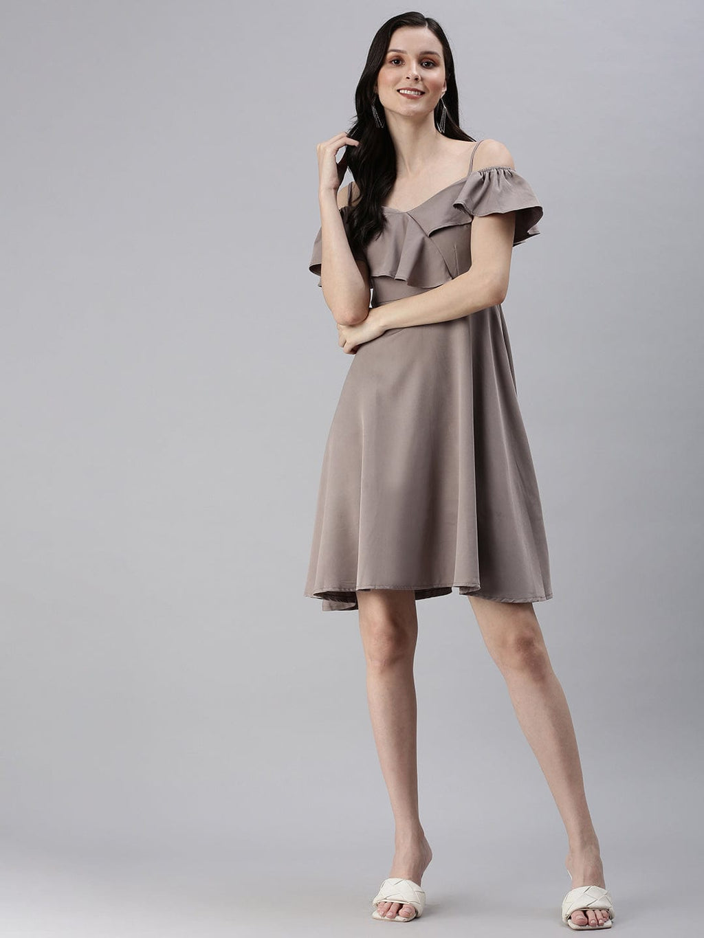 Women's Shoulder Straps Solid Fit and Flare Taupe Dress