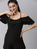 Women's Black Shoulder Straps Solid Jumpsuit