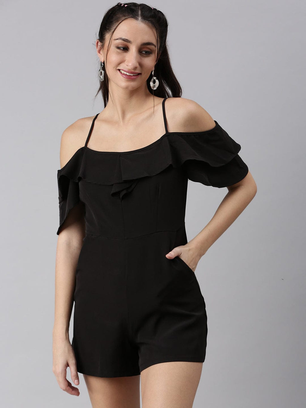 Women's Black Shoulder Straps Solid Jumpsuit