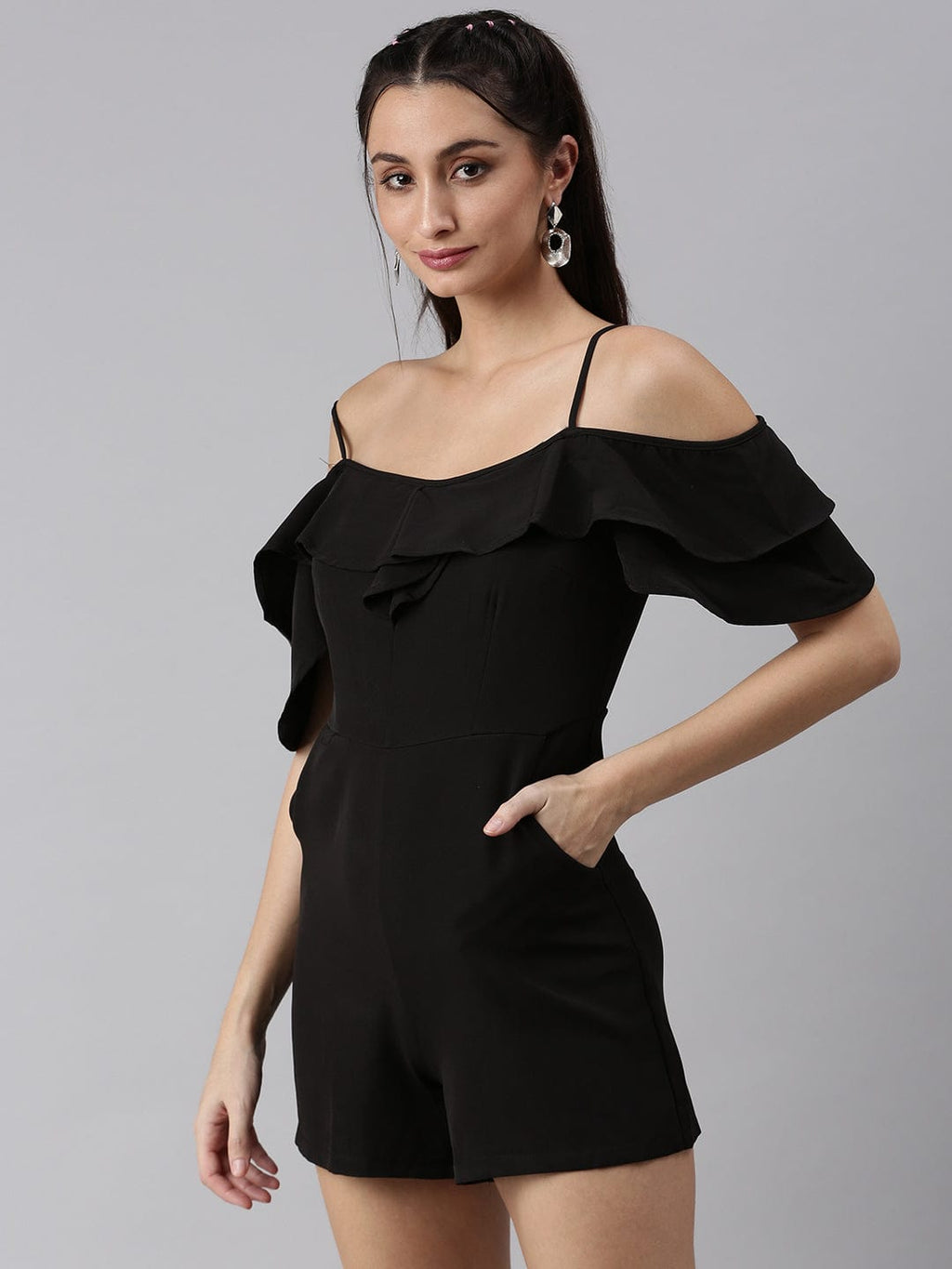 Women's Black Shoulder Straps Solid Jumpsuit