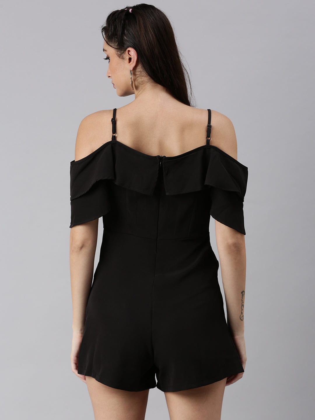 Women's Black Shoulder Straps Solid Jumpsuit