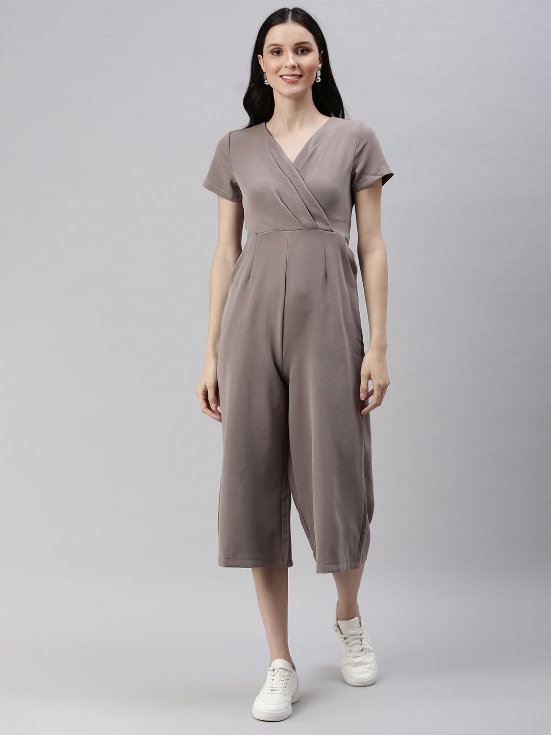 Women's Beige Solid V-Neck Capri Jumpsuit