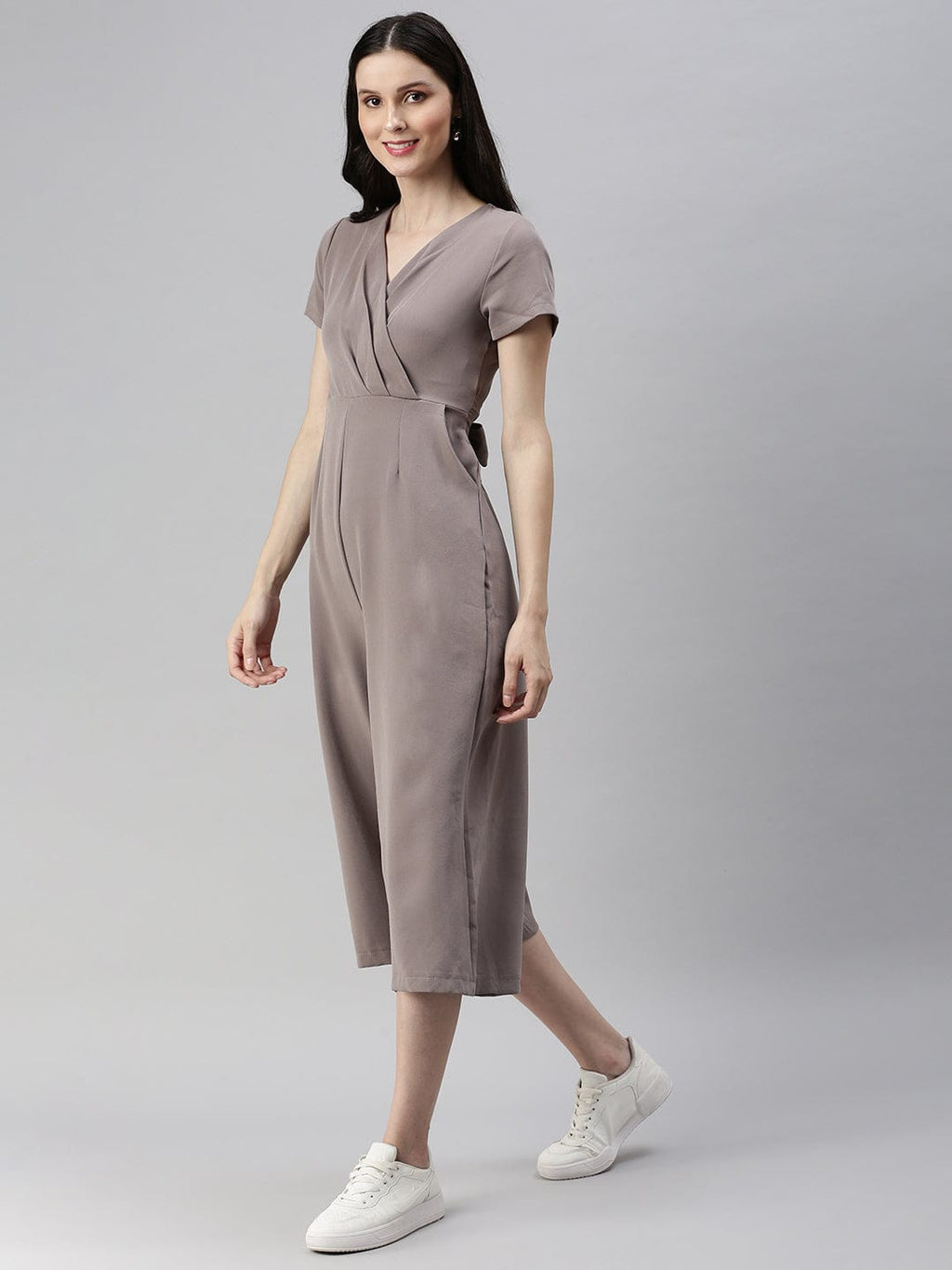 Women's Beige Solid V-Neck Capri Jumpsuit