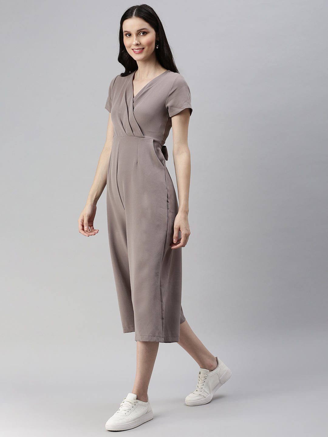 Women's Beige Solid V-Neck Capri Jumpsuit
