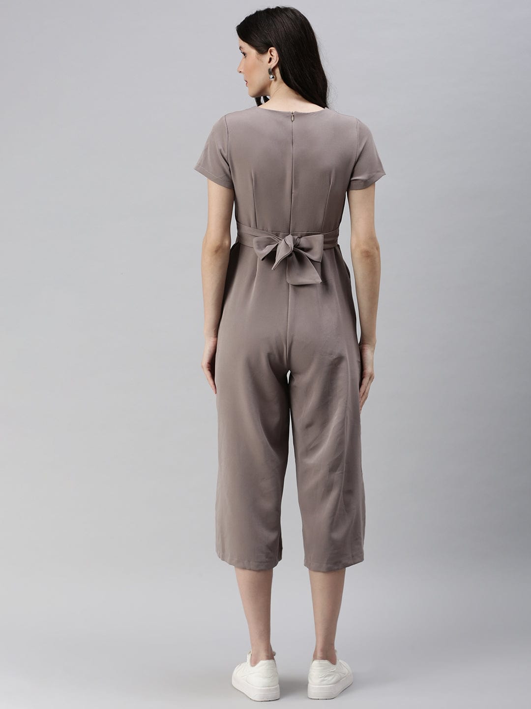 Women's Beige Solid V-Neck Capri Jumpsuit