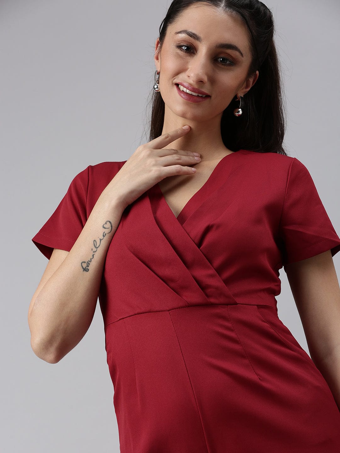 Women's Maroon Solid Capri Jumpsuit