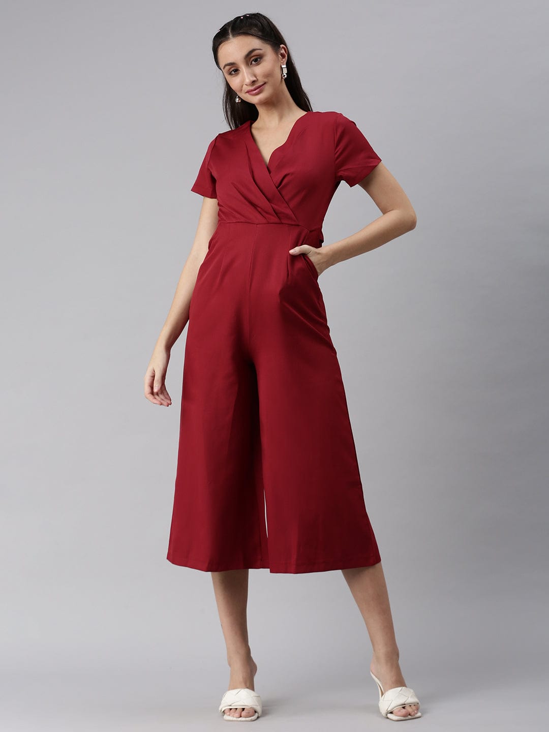 Women's Maroon Solid Capri Jumpsuit