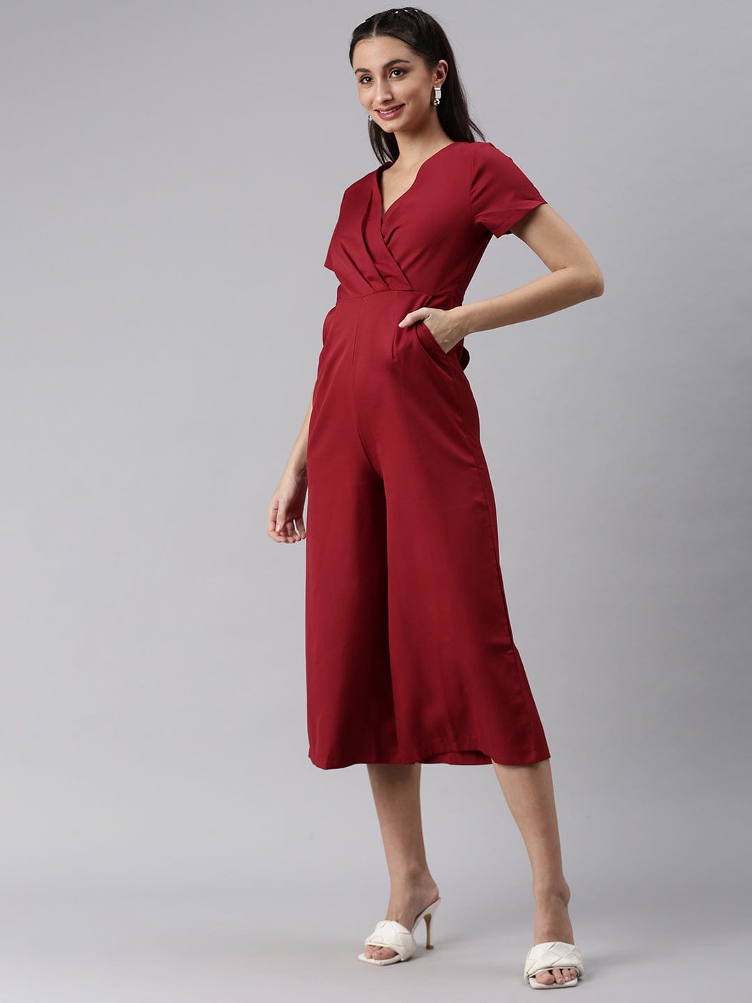 Women's Maroon Solid Capri Jumpsuit