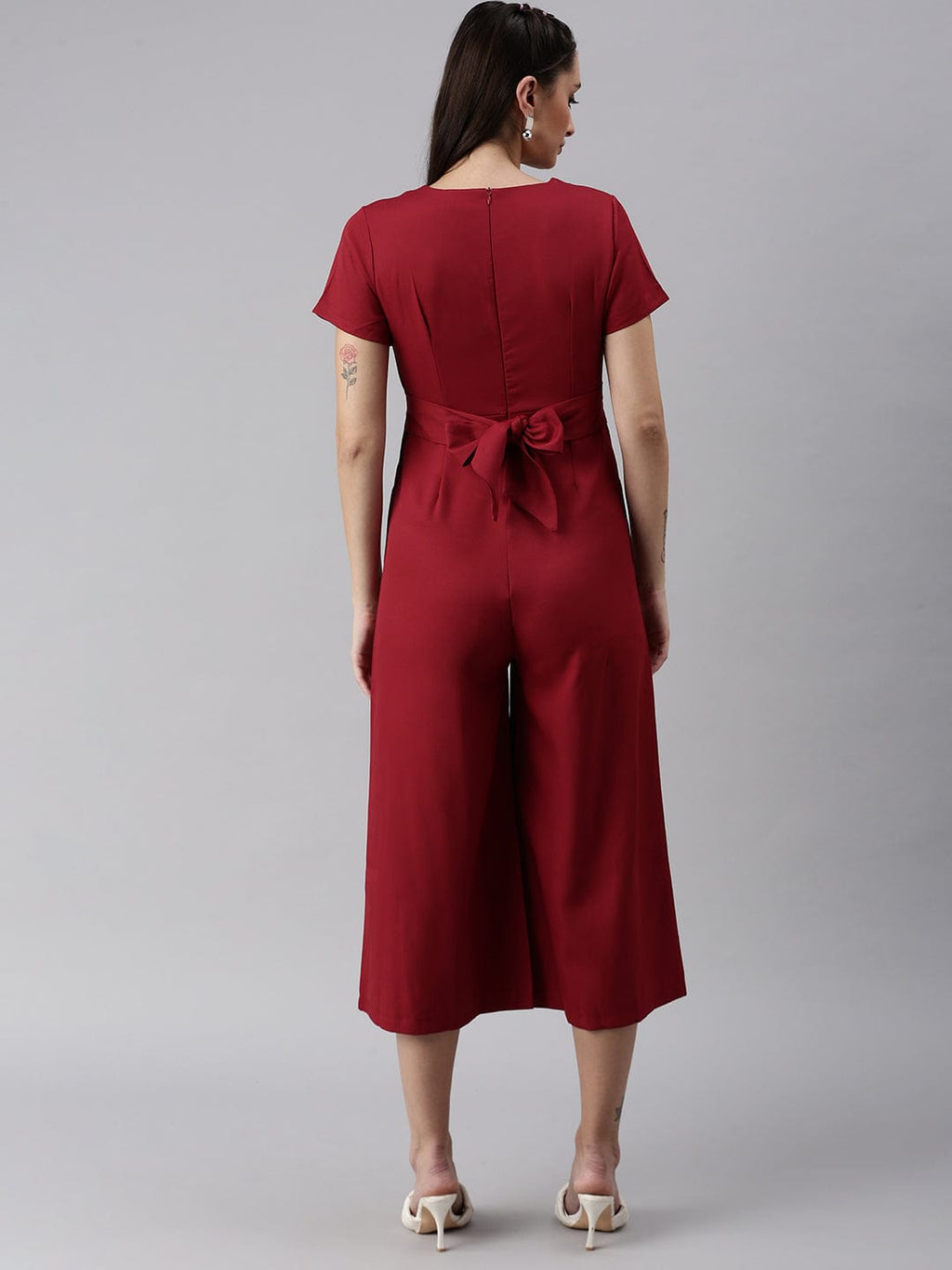 Women's Maroon Solid Capri Jumpsuit