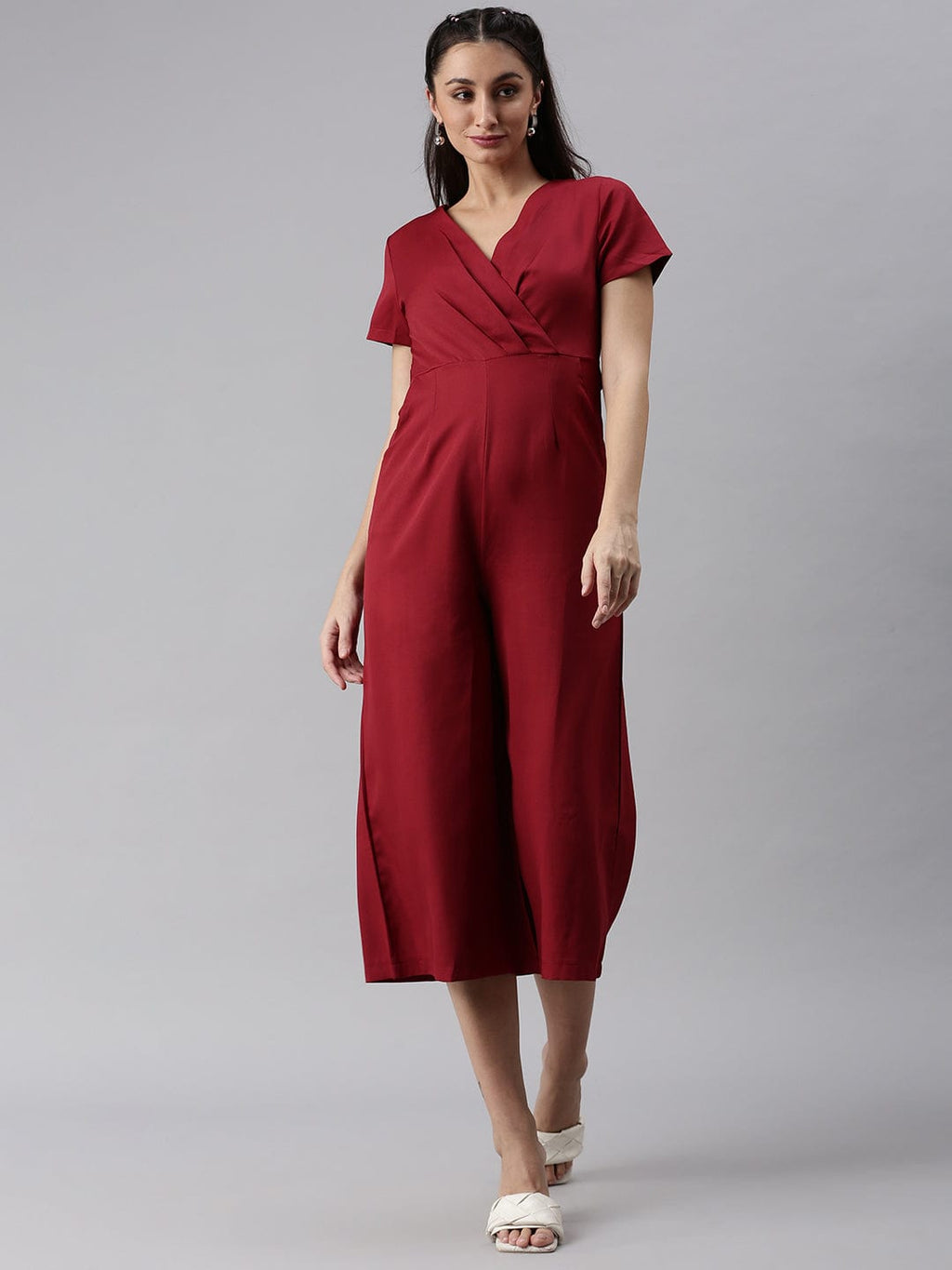 Women's Maroon Solid Capri Jumpsuit