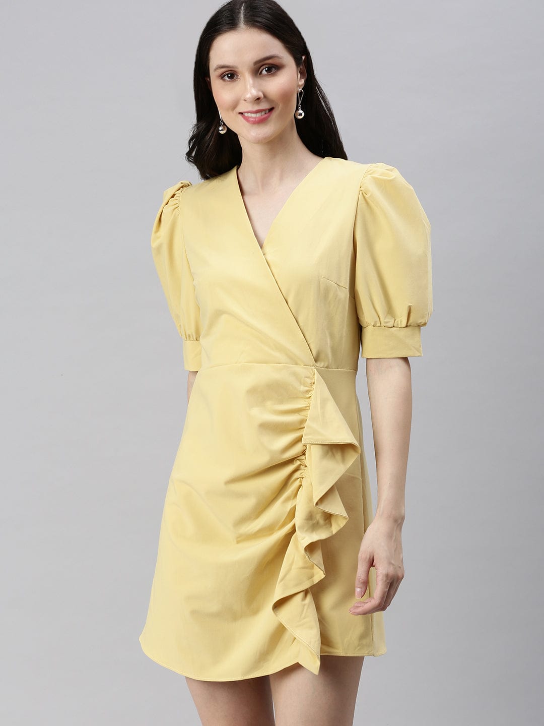 Women's V-Neck Solid Fit and Flare Yellow Dress