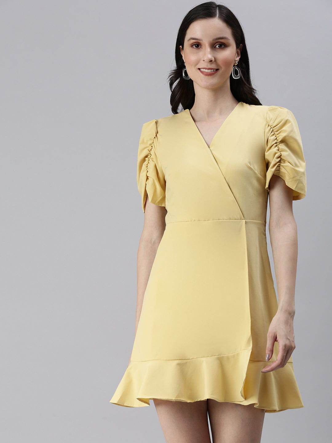 Women's V-Neck Solid A-Line Yellow Dress
