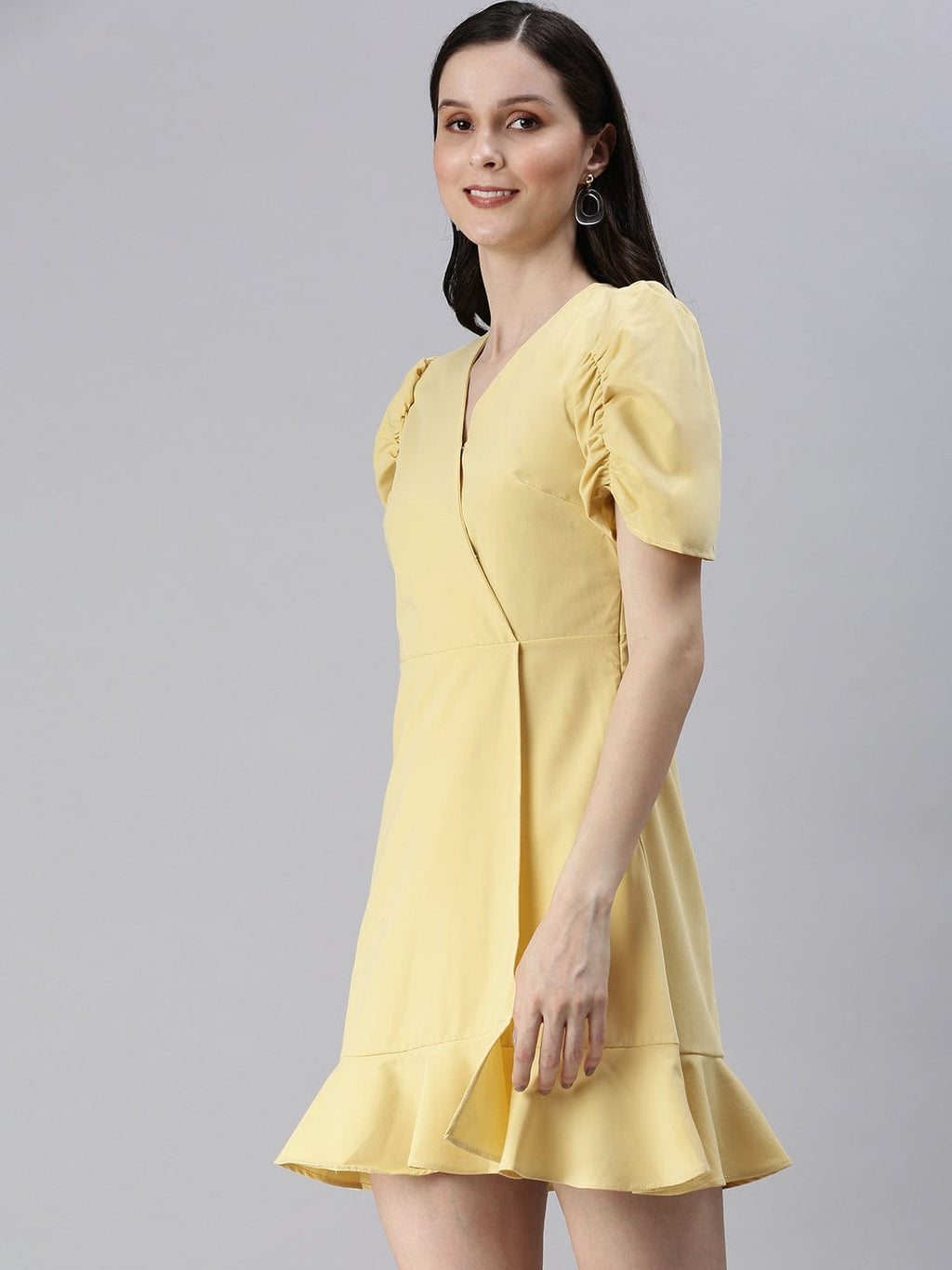 Women's V-Neck Solid A-Line Yellow Dress