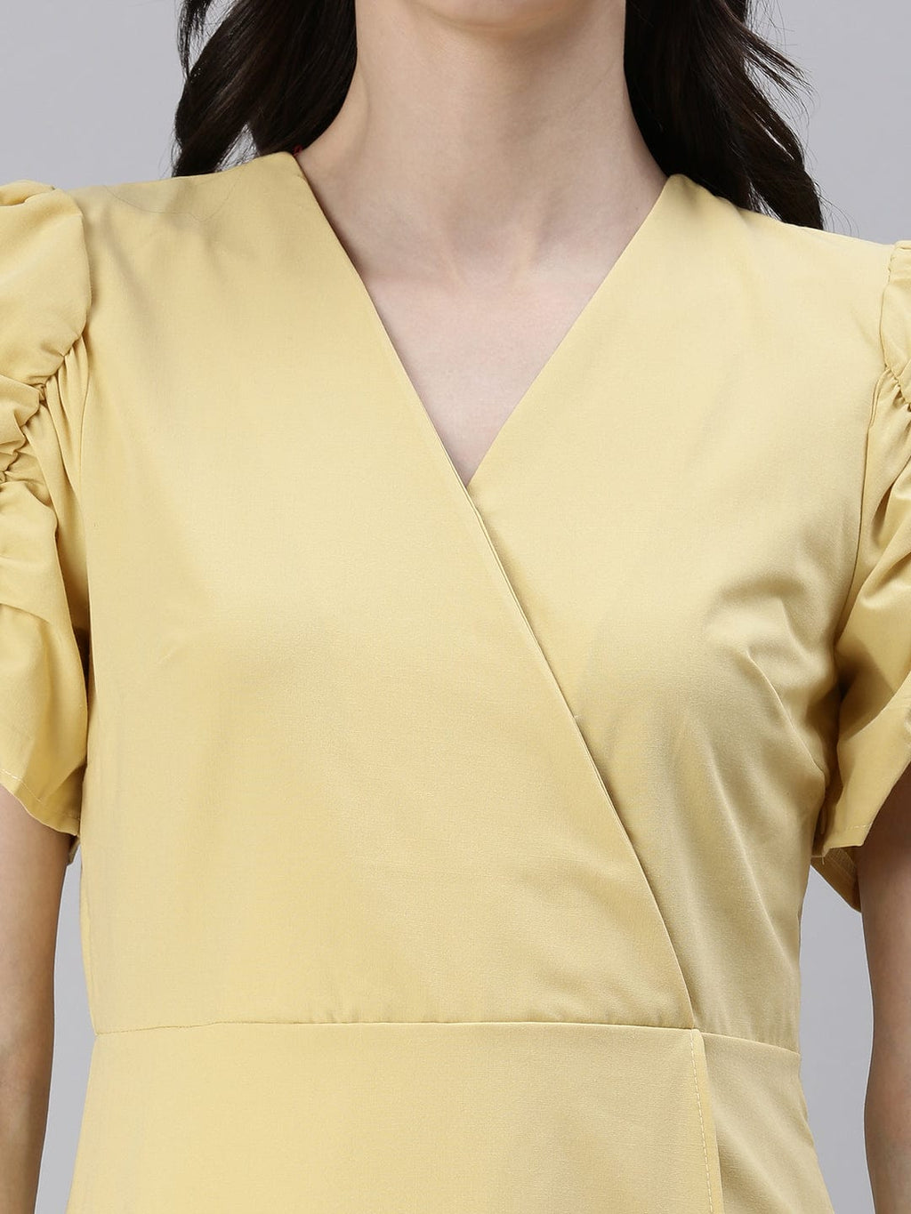 Women's V-Neck Solid A-Line Yellow Dress