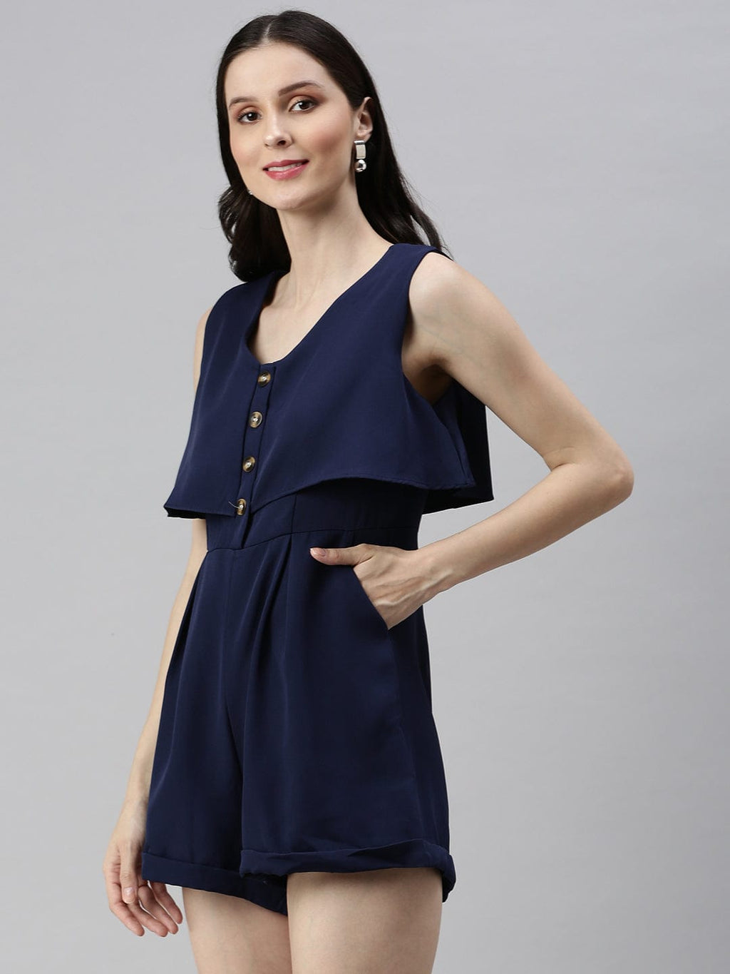 Women's Navy Blue Solid Layered Jumpsuit