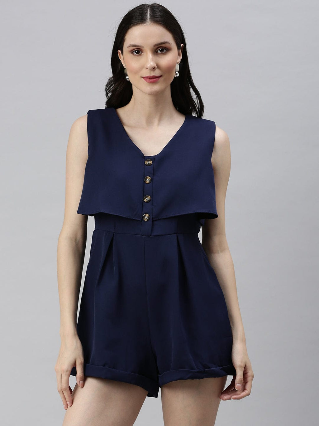 Women's Navy Blue Solid Layered Jumpsuit