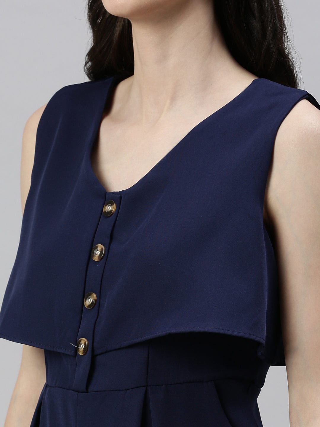 Women's Navy Blue Solid Layered Jumpsuit