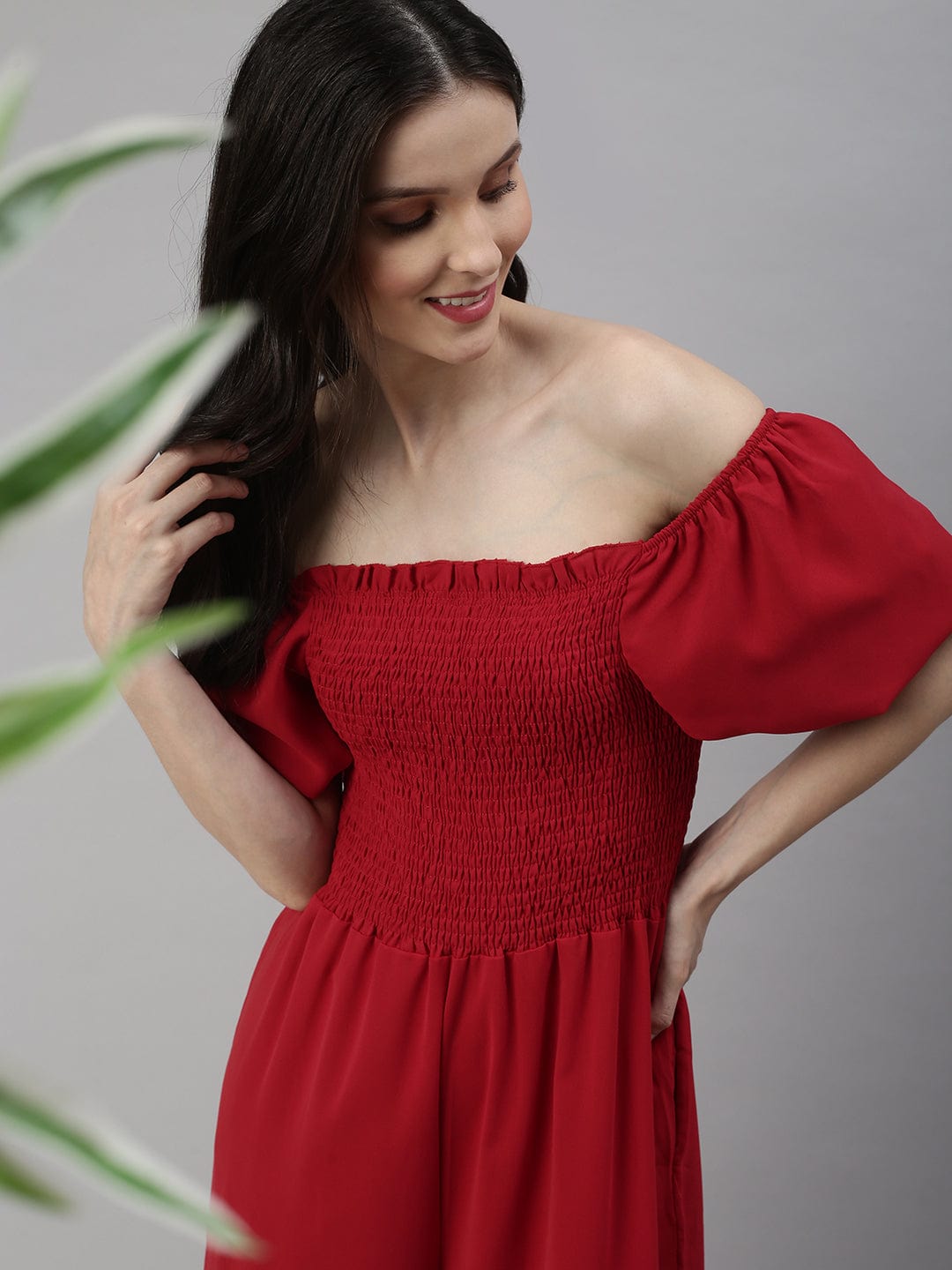 Women's Red Off-Shoulder Culotte Jumpsuit