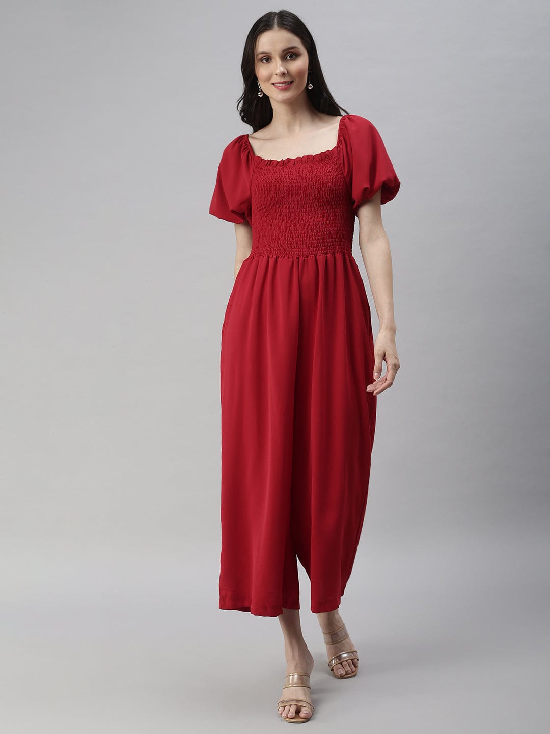 Women's Red Off-Shoulder Culotte Jumpsuit