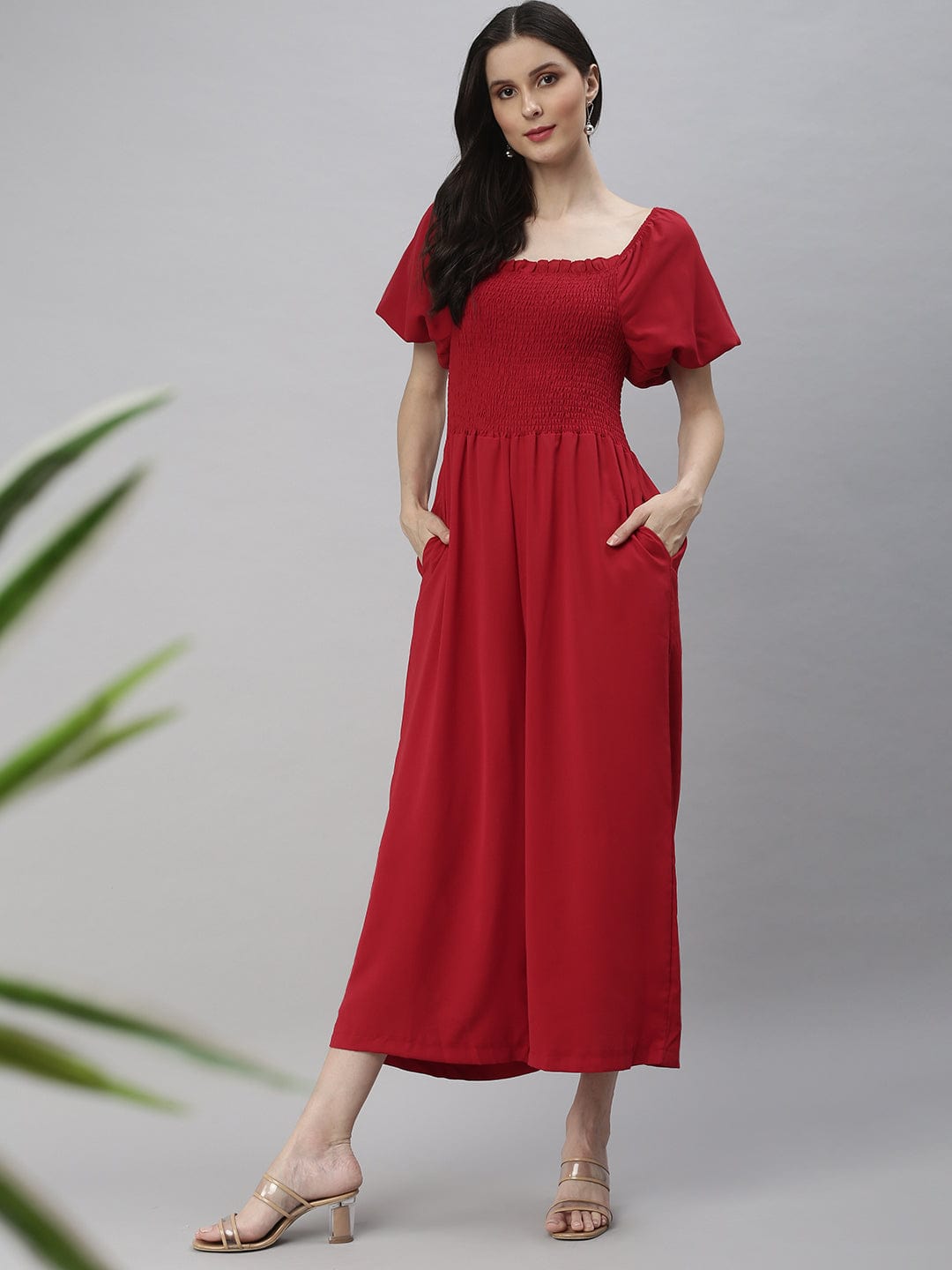 Women's Red Off-Shoulder Culotte Jumpsuit