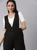 Women's Black Solid V-Neck Polyester Culotte Jumpsuit