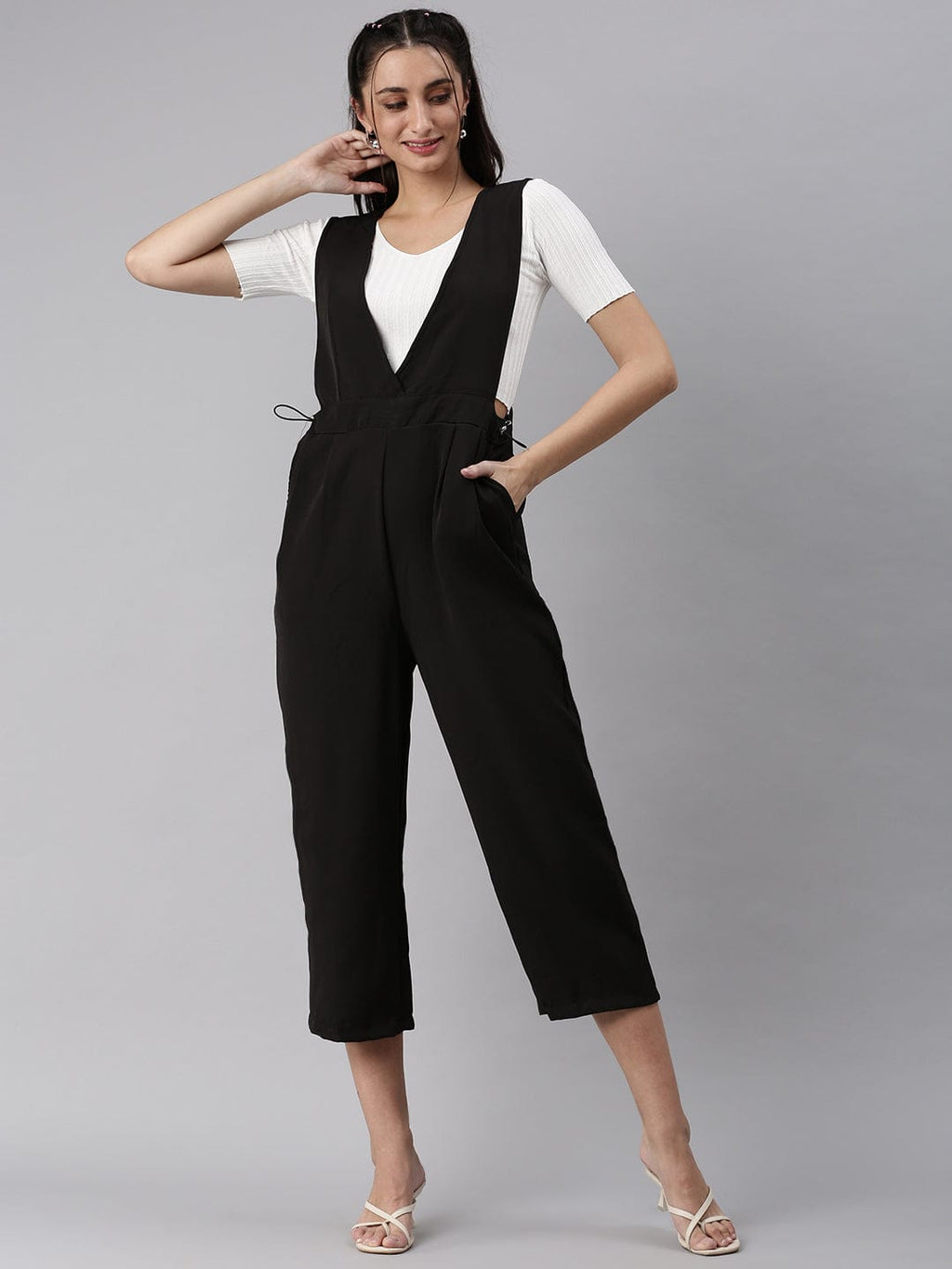 Women's Black Solid V-Neck Polyester Culotte Jumpsuit