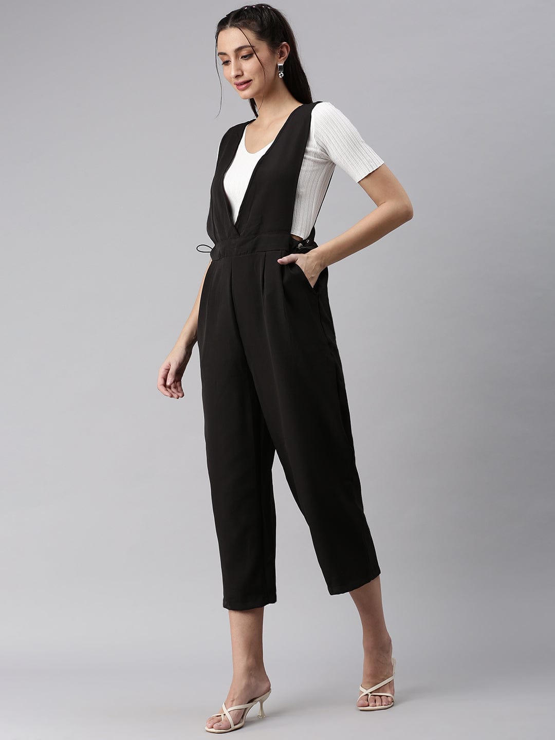 Women's Black Solid V-Neck Polyester Culotte Jumpsuit