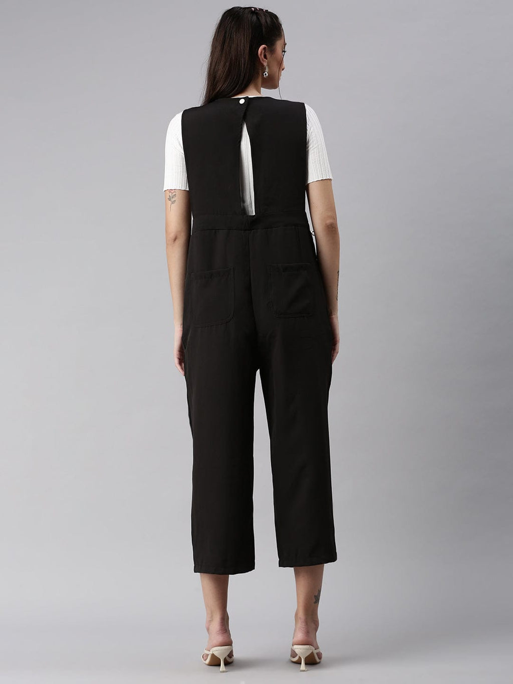 Women's Black Solid V-Neck Polyester Culotte Jumpsuit