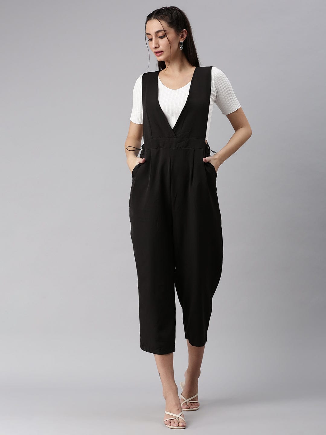 Women's Black Solid V-Neck Polyester Culotte Jumpsuit