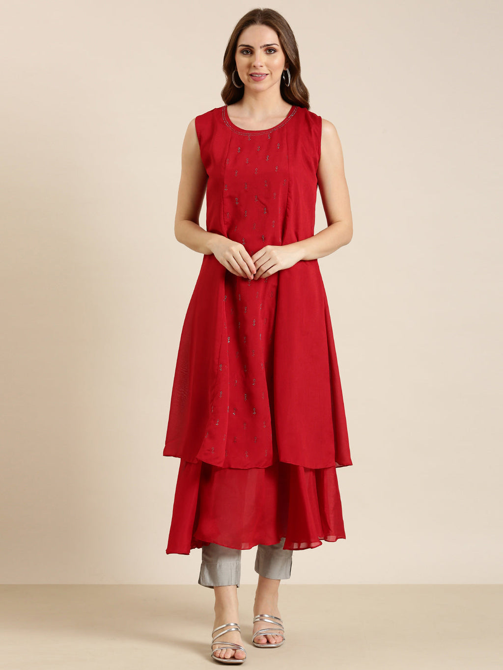Women's Red Embellished Beads & Stones A-Line Georgette Kurta