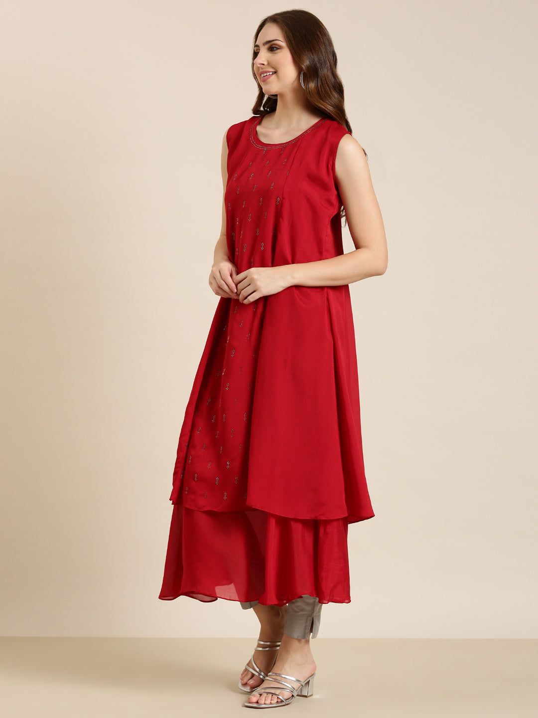 Women's Red Embellished Beads & Stones A-Line Georgette Kurta