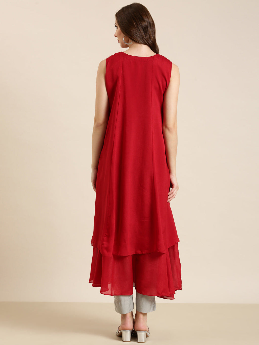 Women's Red Embellished Beads & Stones A-Line Georgette Kurta