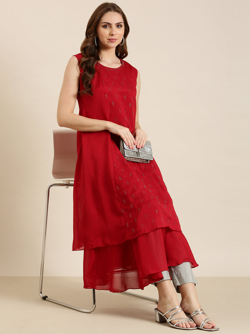 Women's Red Embellished Beads & Stones A-Line Georgette Kurta