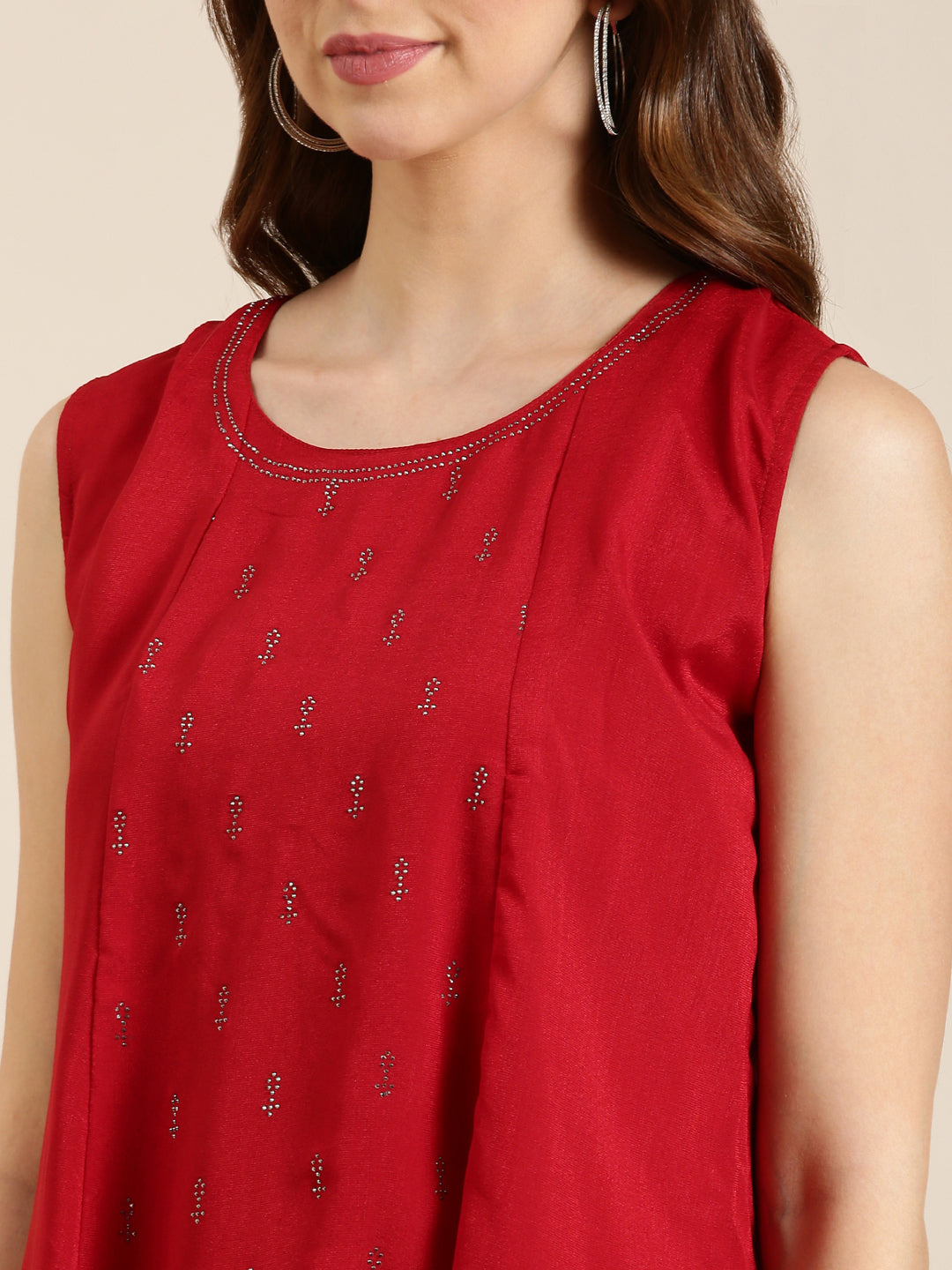 Women's Red Embellished Beads & Stones A-Line Georgette Kurta