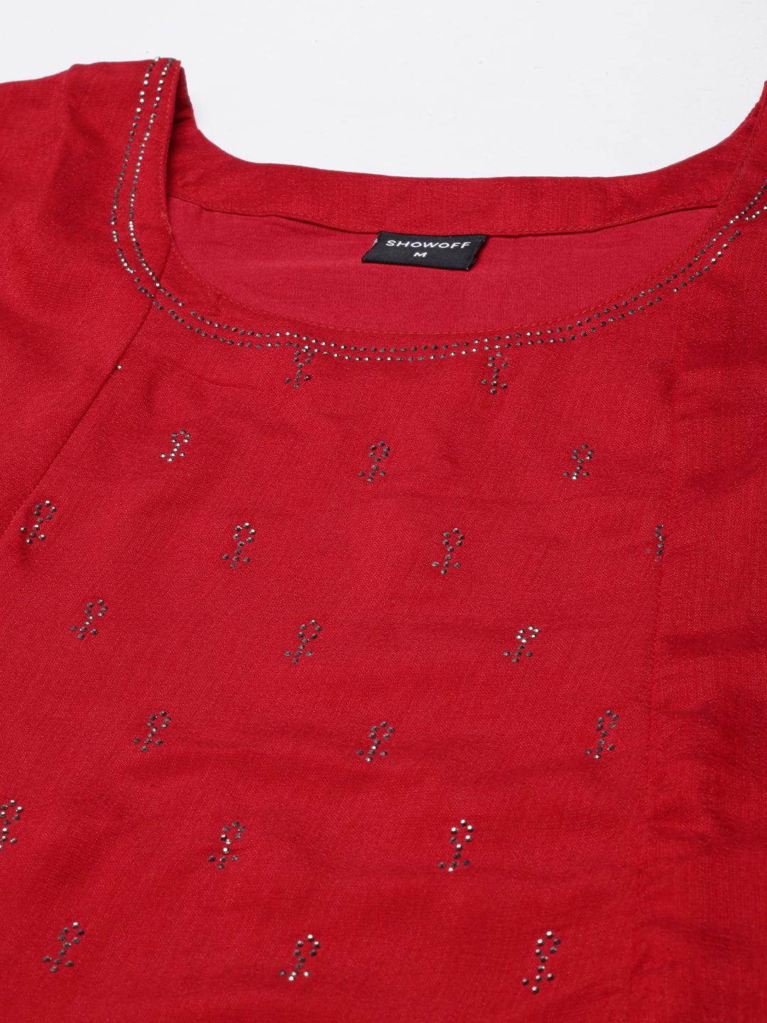 Women's Red Embellished Beads & Stones A-Line Georgette Kurta
