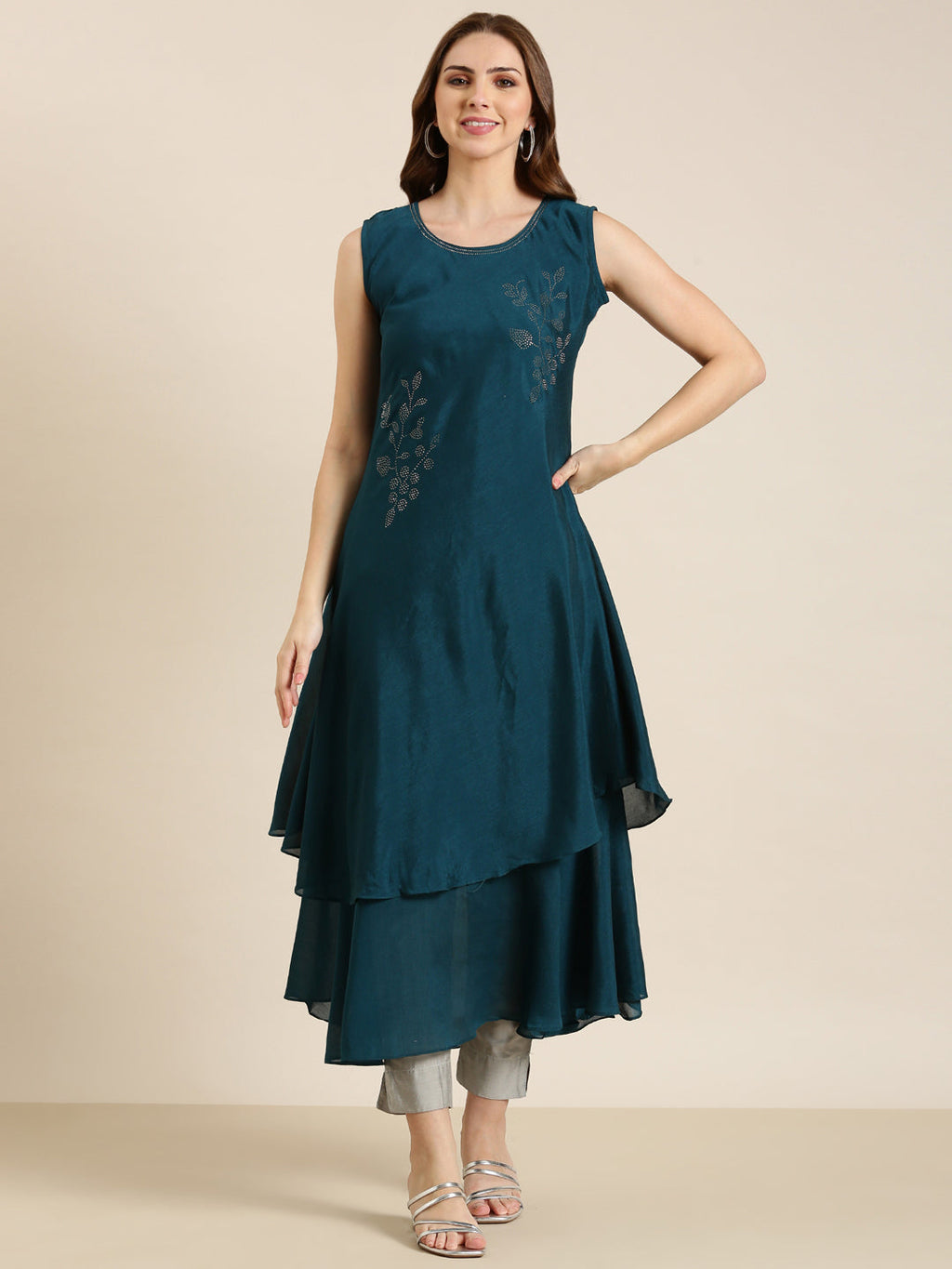 Women's Teal Embellished Beads & Stones A-Line Georgette Kurta