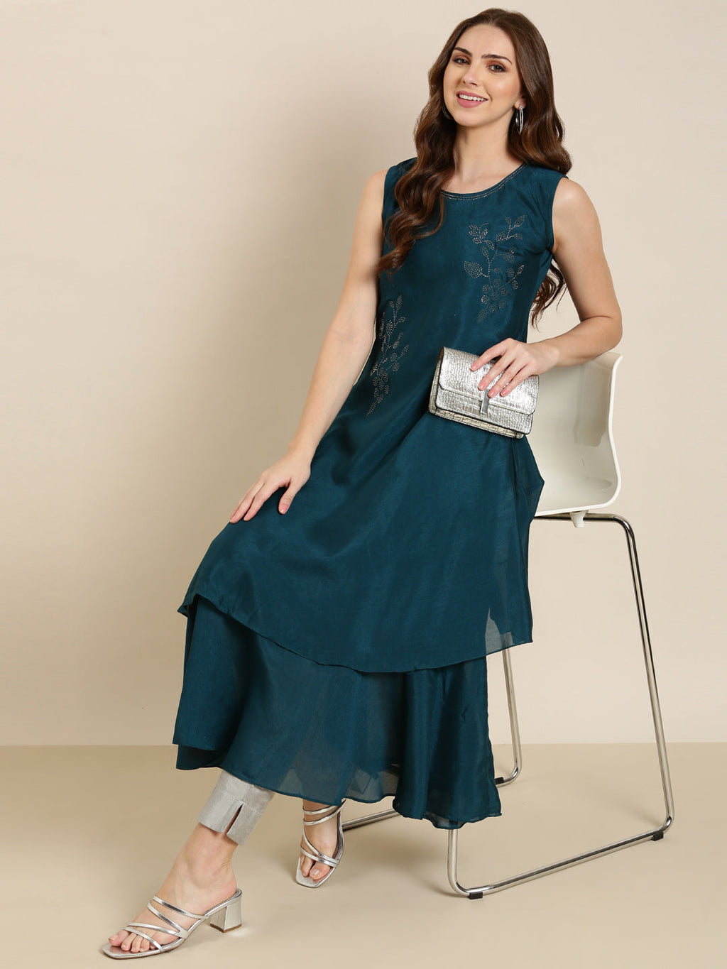 Women's Teal Embellished Beads & Stones A-Line Georgette Kurta