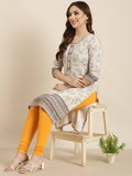 Women's Straight Beige Floral Kurta