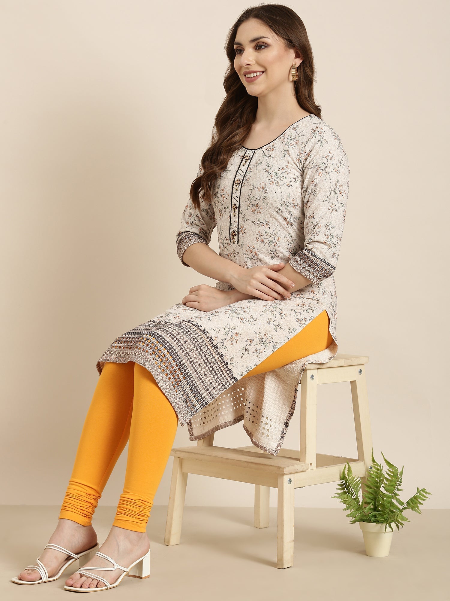 Women's Straight Beige Floral Kurta