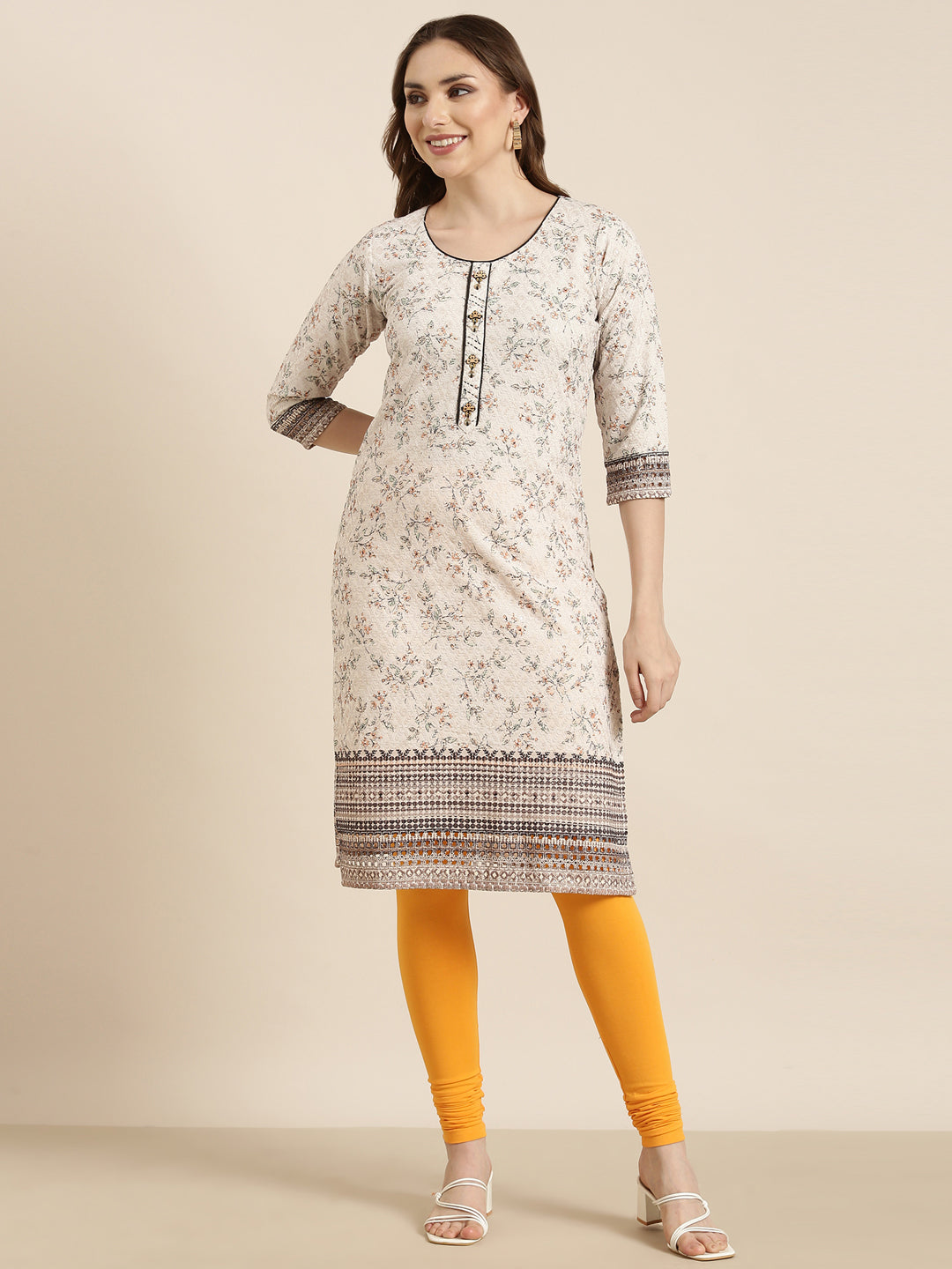 Women's Straight Beige Floral Kurta