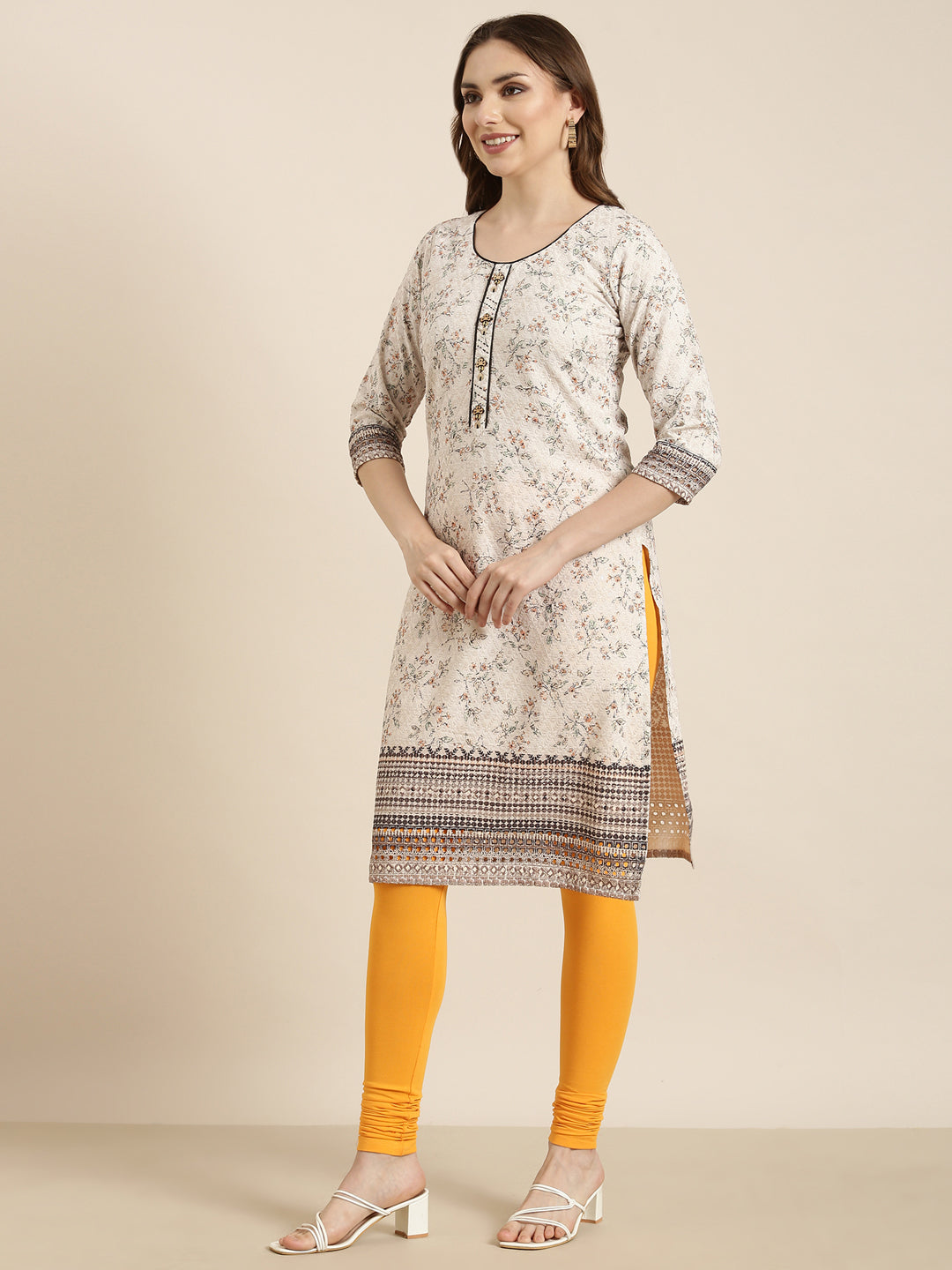 Women's Straight Beige Floral Kurta