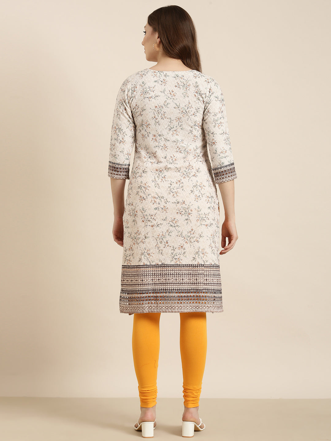 Women's Straight Beige Floral Kurta