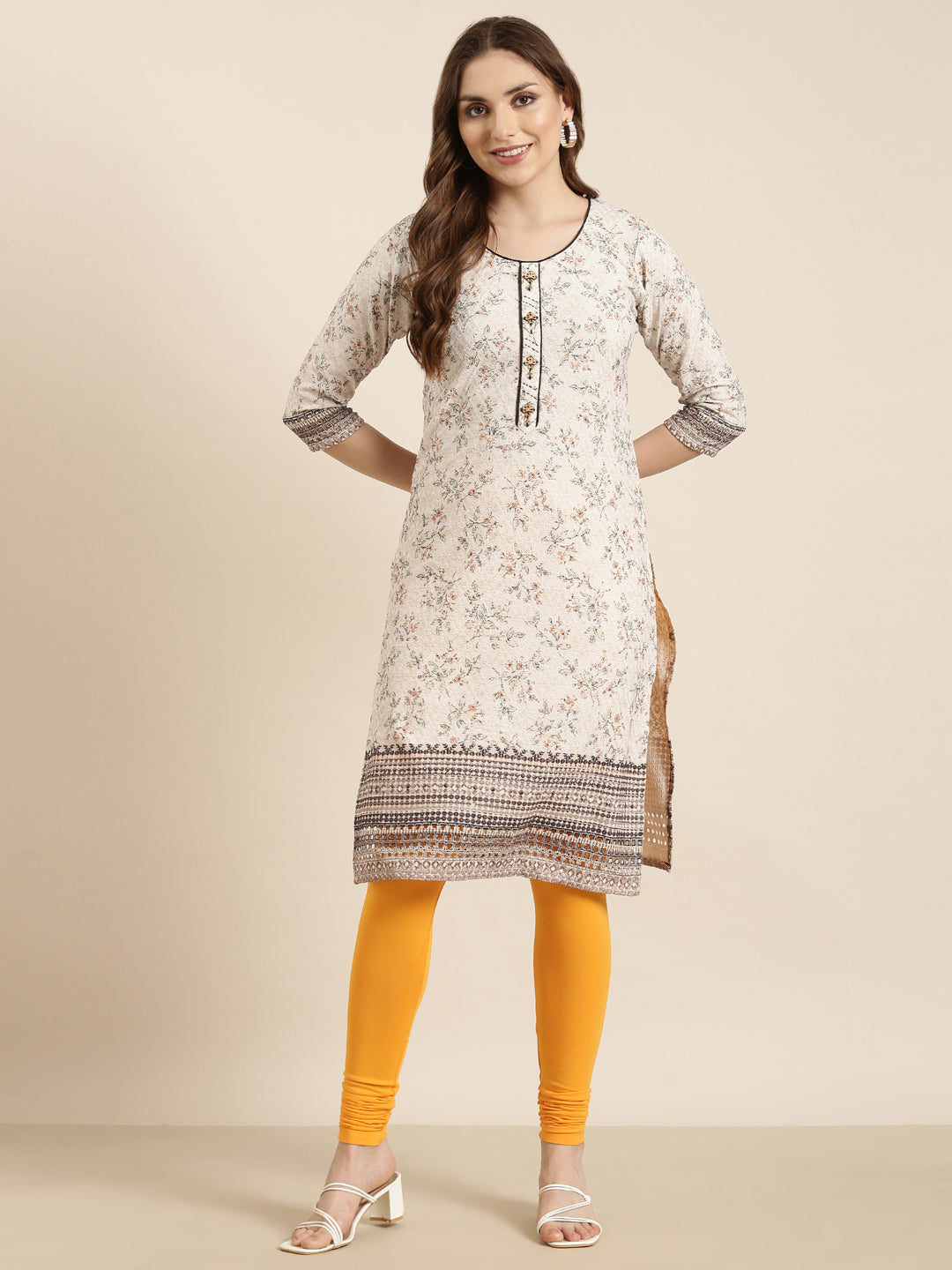Women's Straight Beige Floral Kurta